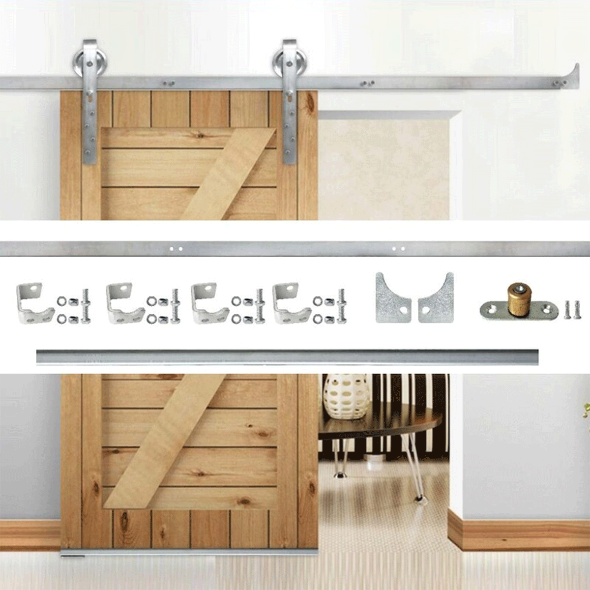 Tolóajtó szerelőkészlet sínnel, barn door típus, horganyzott, S típusú tartóval, 1,85 m sínnel – 76.020