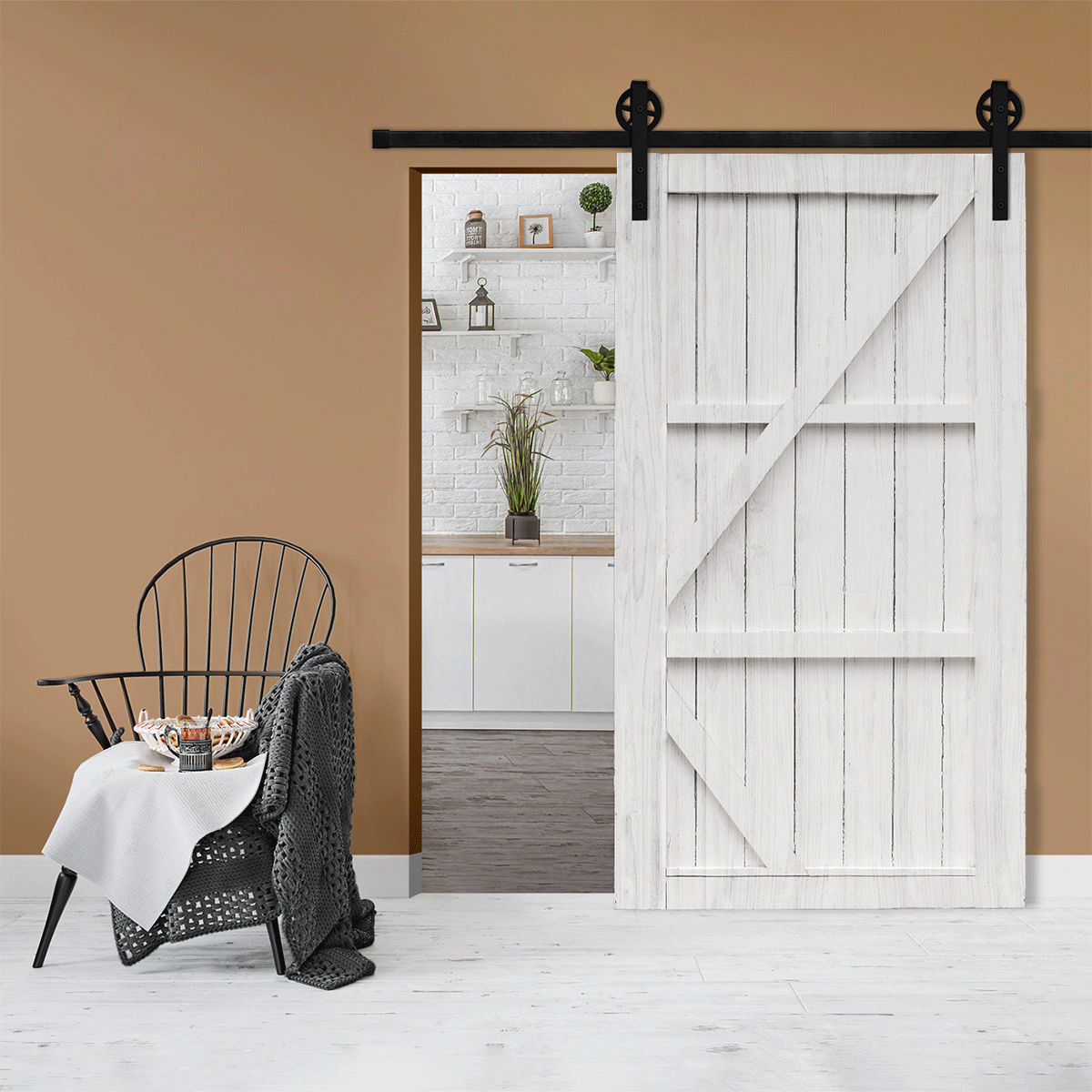 Tolóajtó szerelőkészlet sínnel, barn door típus, loft modell – 76.008