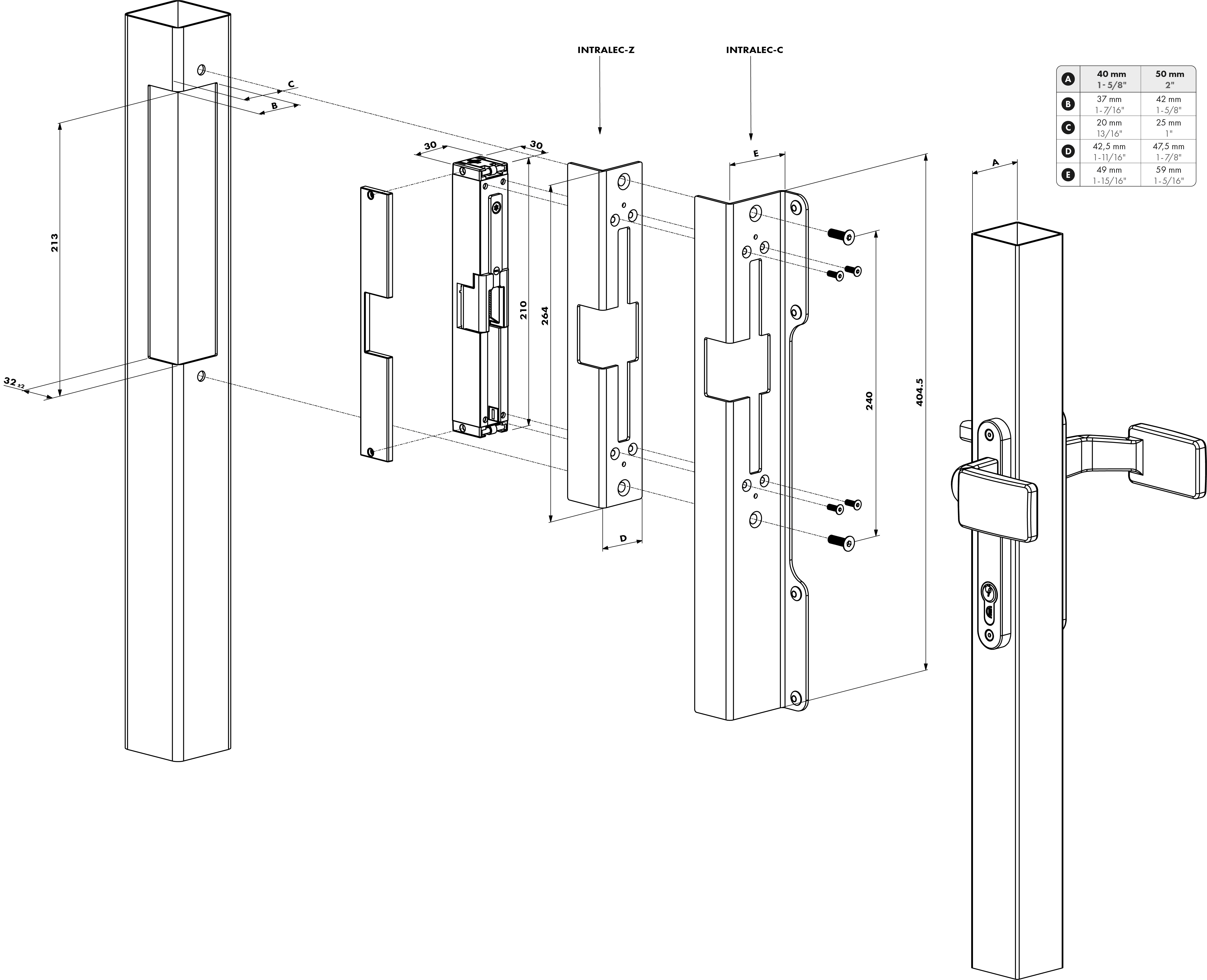 Elektromos zárfogadó süllyesztett zárakhoz, kompatibilis 40 mm-es kapuprofillal – INTRALEC (E)