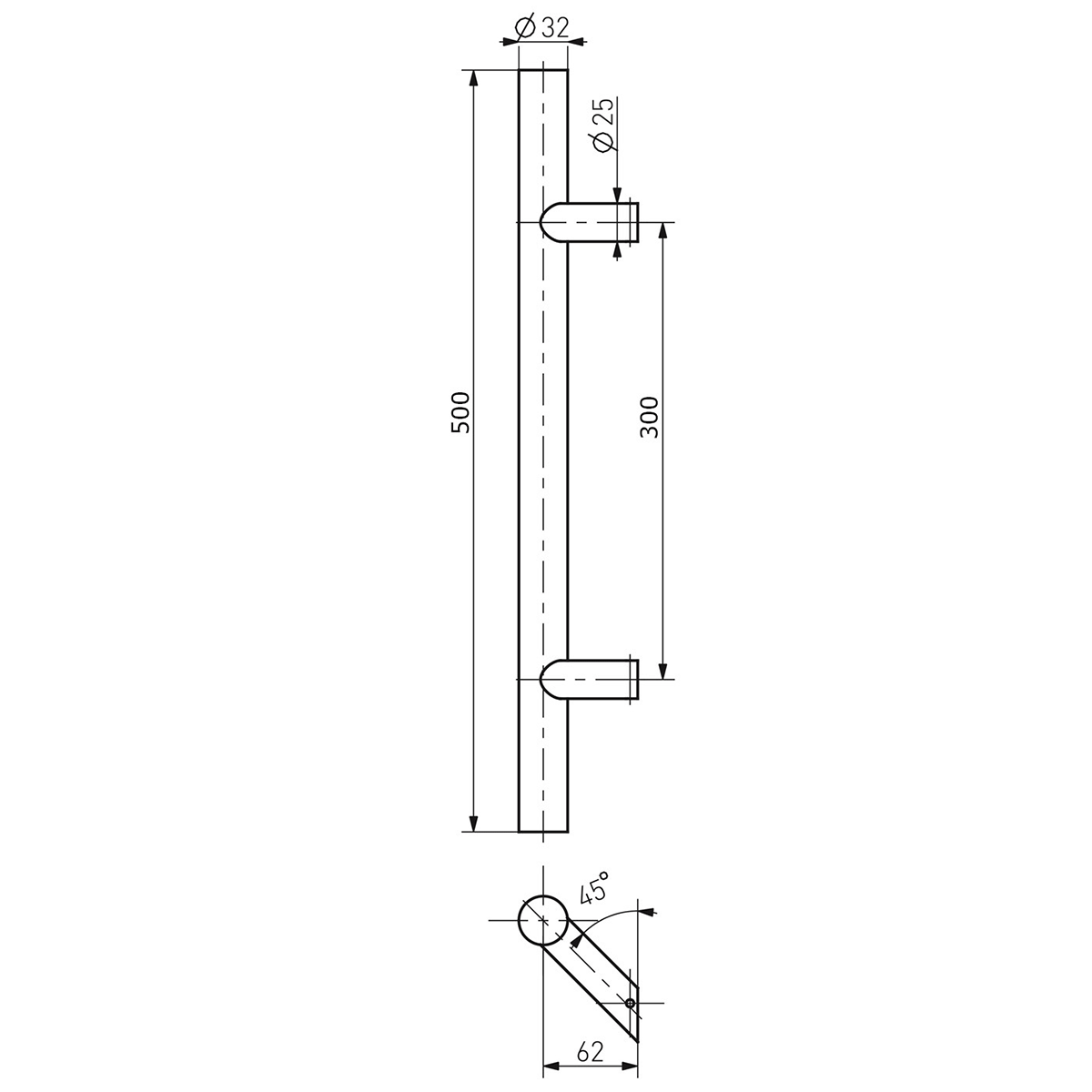 Rozsdamentes acél fogantyú, kerek profil 32, szatén színű, 45 fokos, 500 mm hosszú, furattávolság 300 mm – N64.PJO45500.4US