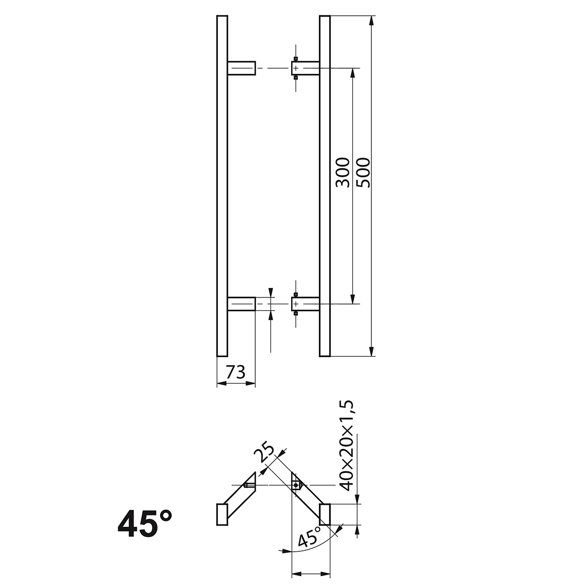 Rozsdamentes acél fogantyú szett, egyenes profil 40x20 mm, szatén szín, 45 fokos, 500 mm hosszú, furattávolság 300 mm – N64.PDP45500.4US