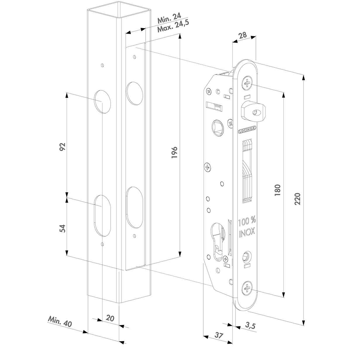 Süllyesztett zárkészlet fémkapukhoz, 40x40 mm-es négyzetprofilhoz – FORTYSET-40-GP