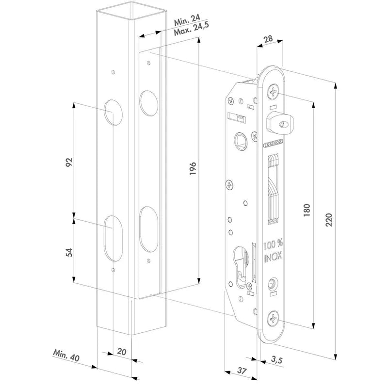 Süllyesztett zárkészlet fémkapukhoz, 40x40 mm-es négyzetprofilhoz – FORTYSET-40I-JA