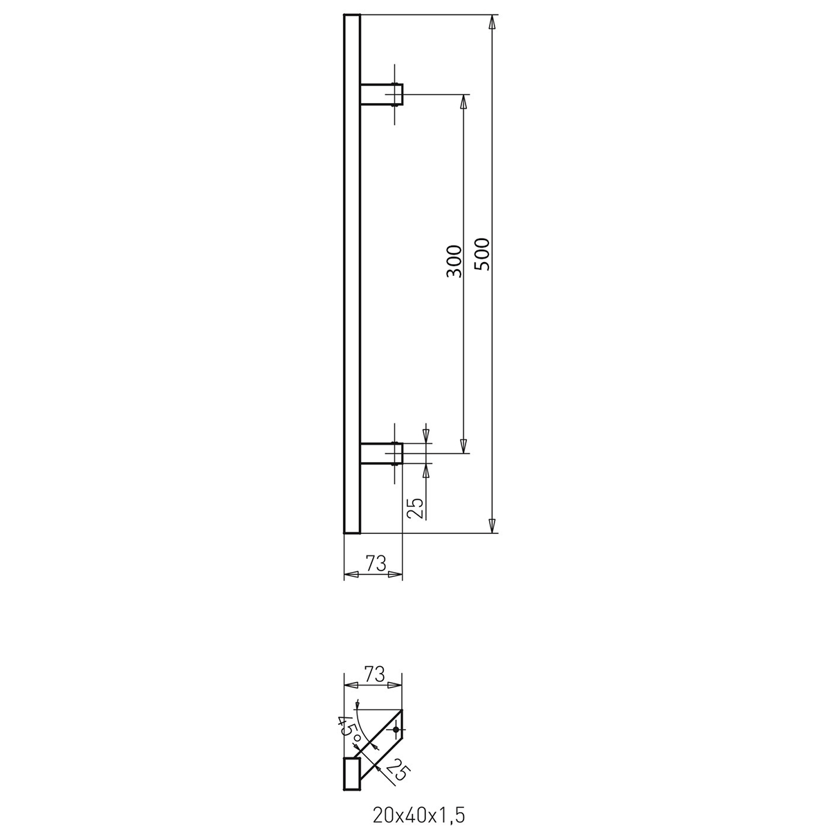 Rozsdamentes acél fogantyú, egyenes profil 40x20 mm, szatén szín, 45 fokos, 500 mm hosszú, furattávolság 300 mm – N64.PJP45500.4US