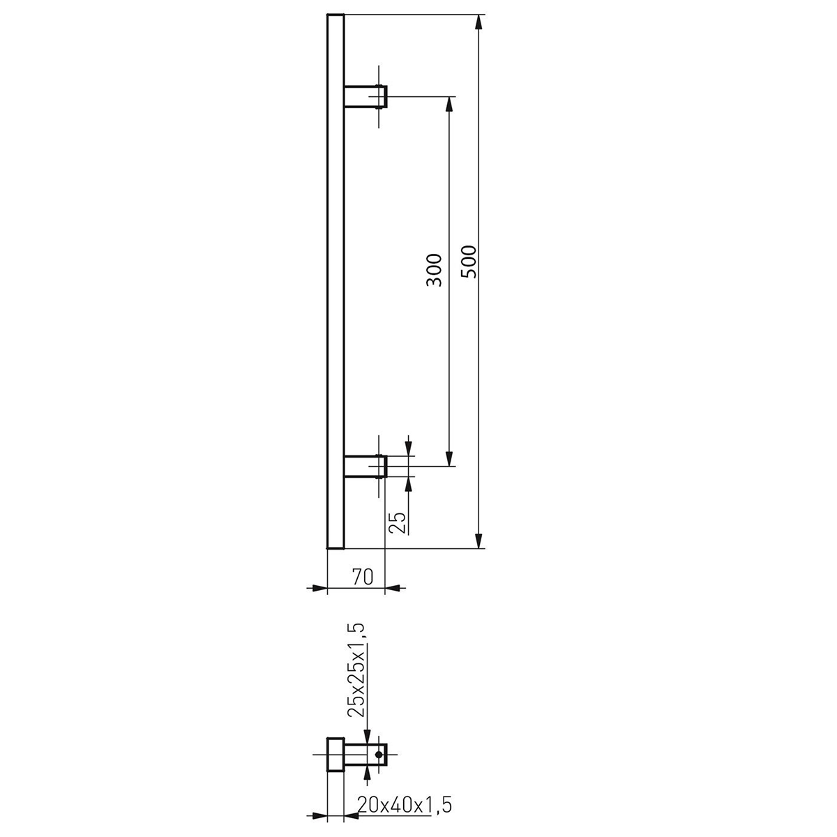 Rozsdamentes acél fogantyú szett, egyenes profil 40x20 mm, fekete szín, 90 fokos, 500 mm hosszú, furattávolság 300 mm – N64.PDP90500.4UM