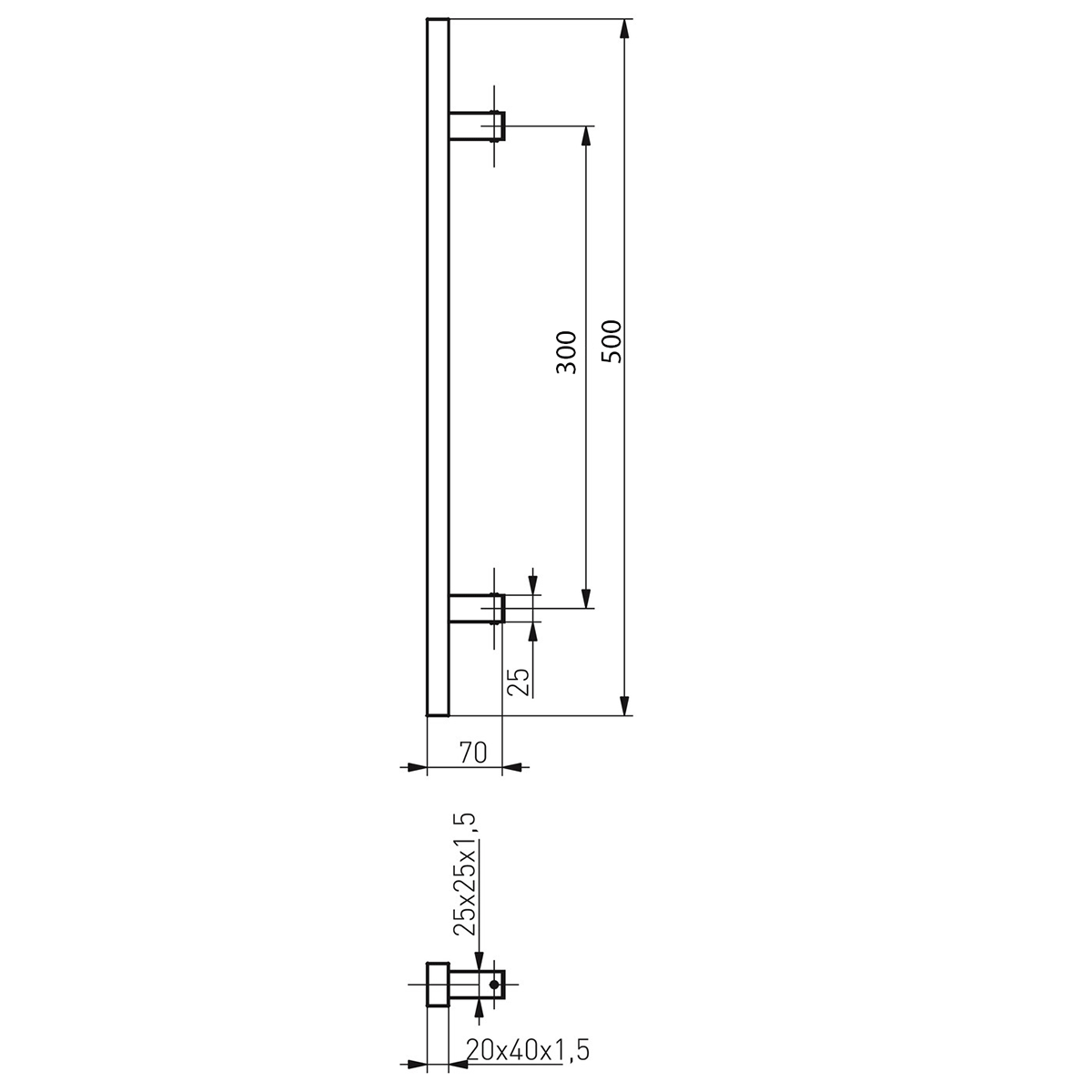 Rozsdamentes acél fogantyú szett, egyenes profil 40x20 mm, szatén szín, 90 fokos, 500 mm hosszú, furattávolság 300 mm – N64.PDP90500.4US