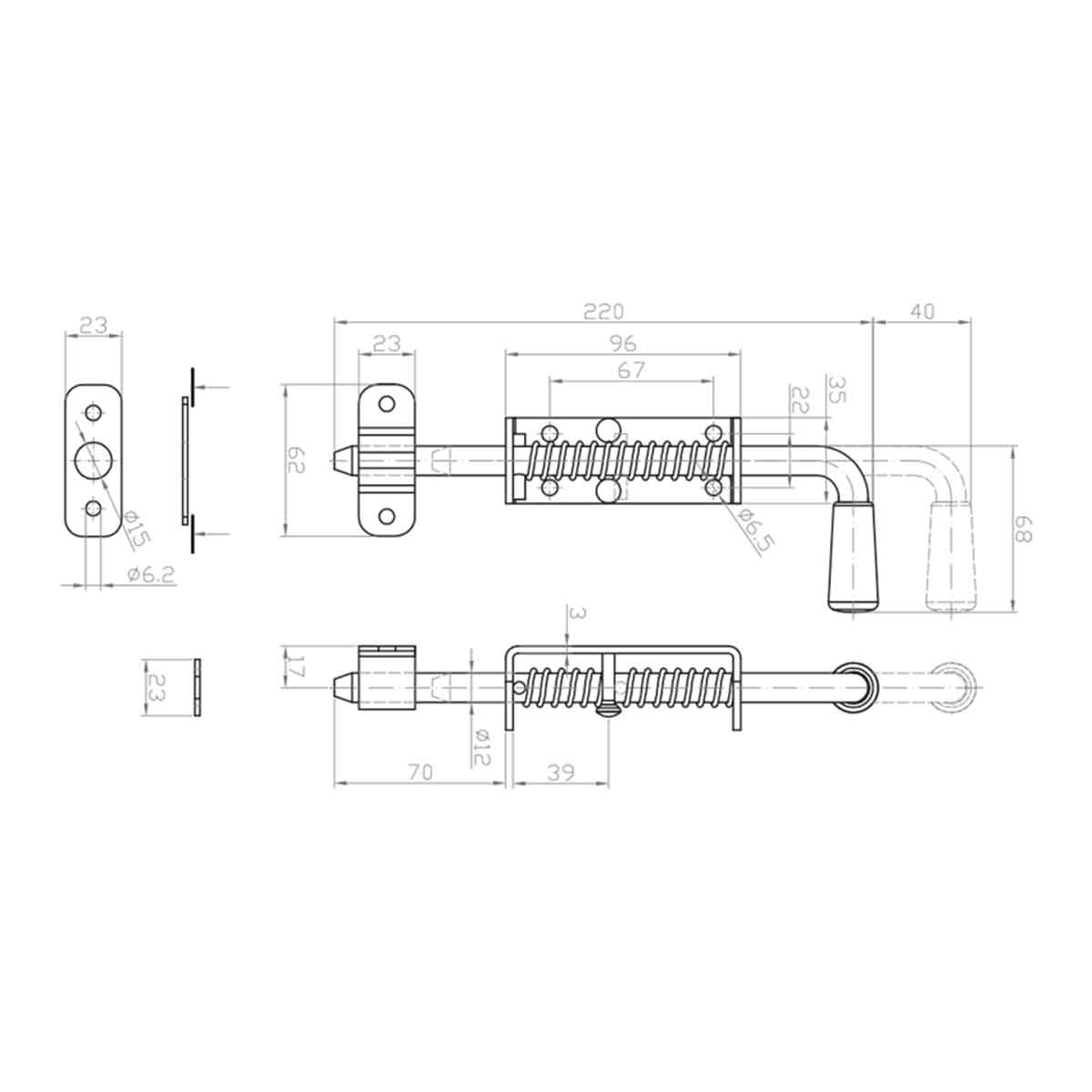 Rugós tolózár L típusú kapuhoz, 220x12 mm, horganyzott – 64.066